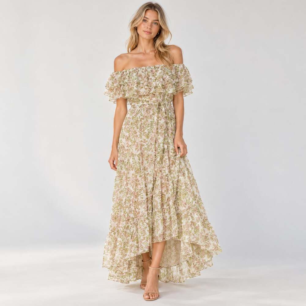MISA Los Angeles Olympia Off Shoulder Ruffle Midi Maxi Dress Green Floral Size L